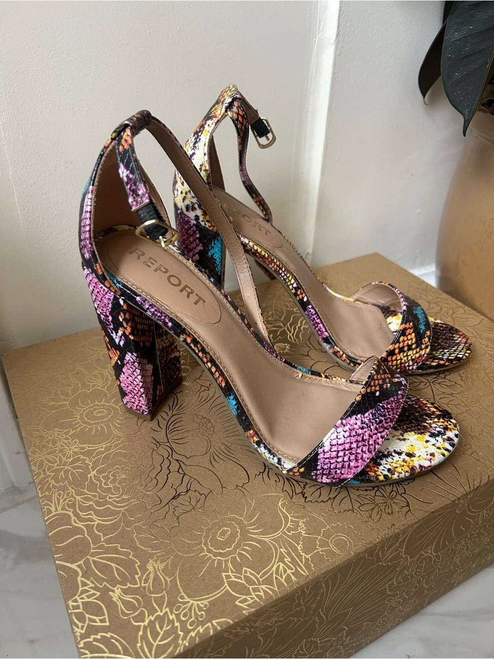 Report Multicolor Snakeskin Block Heel Sandals